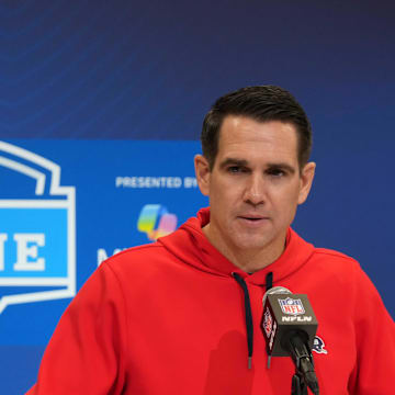 Feb 25, 2025; Indianapolis, IN, USA; New York Giants general manager Joe Schoen speaks during the NFL Scouting Combine at the Indiana Convention Center.  