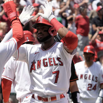 Apr 24, 2022; Anaheim, California, USA; Los Angeles Angels left fielder Jo Adell (7) celebrates with