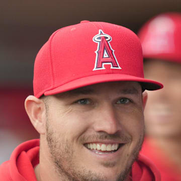 Jun 3, 2024; Anaheim, California, USA; Los Angeles Angels center fielder Mike Trout watches from the dugout during the game against the San Diego Padres at Angel Stadium. Mandatory Credit: Kirby Lee-Imagn Images