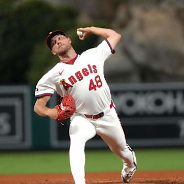 Jul 11, 2025; Anaheim, California, USA; Los Angeles Angels relief pitcher Reid Detmers (48) throws in the eighth inning against the Arizona Diamondbacks at Angel Stadium. Mandatory Credit: Kirby Lee-Imagn Images