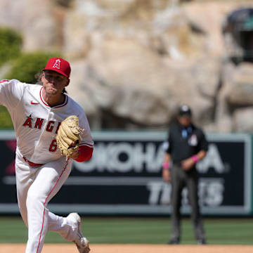 May 11, 2025; Anaheim, California, USA;Los Angeles Angels relief pitcher Shaun Anderson (64) throws in the sixth inning against the Baltimore Orioles at Angel Stadium. Mandatory Credit: Kirby Lee-Imagn Images