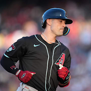 Jul 11, 2025; Anaheim, California, USA; Arizona Diamondbacks right fielder Randal Grichuk (15) rounds the bases after hitting a home run in the second inning against the Los Angeles Angels at Angel Stadium. Mandatory Credit: Kirby Lee-Imagn Images