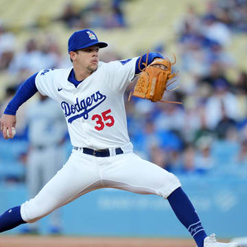 Jun 14, 2024; Los Angeles, California, USA; Los Angeles Dodgers starting pitcher Gavin Stone (35) throws in the first inning against the Kansas City Royals at Dodger Stadium. Mandatory Credit: Kirby Lee-USA TODAY Sports