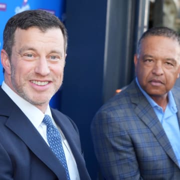 Dec 14, 2023; Los Angeles, CA, USA; Los Angeles Dodgers president of baseball operations Andrew Friedman (left) and manager Dave Roberts at press conference at Dodger Stadium. Mandatory Credit: Kirby Lee-USA TODAY Sports
