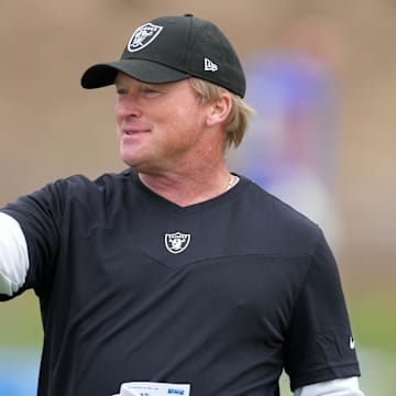 Aug 18, 2021; Thousand Oaks, CA, USA; Las Vegas Raiders coach Jon Gruden reacts during a joint practice against the Los Angeles Rams. Mandatory Credit: Kirby Lee-Imagn Images