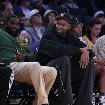 May 23, 2025; Los Angeles, California, USA; Kevin Durant attends the game between the Golden State Valkyries and the LA Sparks  at Crypto.com Arena. Mandatory Credit: Kirby Lee-Imagn Images