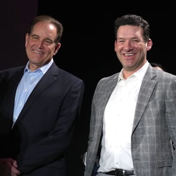 Feb 6, 2024; Las Vegas, NV, USA; CBS Sports play-by-play announcer Jim Nantz (left), analyst Tony Romo (center) and sideline reporter Tracy Wolfson at press conference at the Super Bowl 58 Media Center at the Mandalay Bay Resort and Casino.  Mandatory Credit: Kirby Lee-Imagn Images
