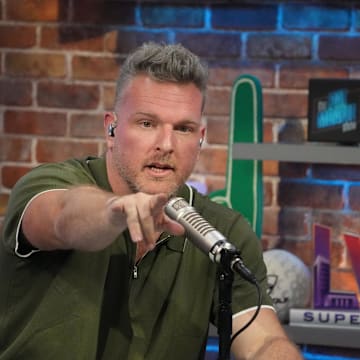 Feb 8, 2024; Las Vegas, NV, USA; Pat McAfee on radio row at the Super Bowl 58 media center at the Mandalay Bay resort and casino. Mandatory Credit: Kirby Lee-USA TODAY Sports