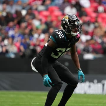 Oct 1, 2023; London, United Kingdom; Jacksonville Jaguars cornerback Tyson Campbell (32) against the Atlanta Falcons in the first half during an NFL International Series game at Wembley Stadium. Mandatory Credit: Kirby Lee-USA TODAY Sports