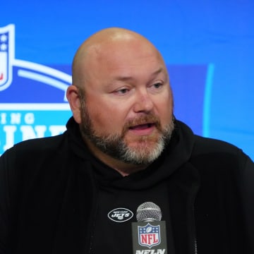 Feb 28, 2024; Indianapolis, IN, USA; New York Jets general manager Joe Douglas speaks at a press conference at the NFL Scouting Combine at Indiana Convention Center.