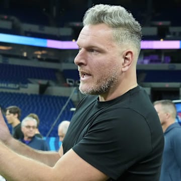 Feb 27, 2025; Indianapolis, IN, USA; Pat McAfee watches workouts at the 2025 NFL Scouting Combine at Lucas Oil Stadium. Mandatory Credit: Kirby Lee-Imagn Images