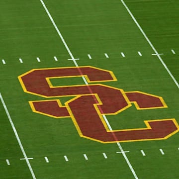 Sep 9, 2023; Los Angeles, California, USA; The Southern California Trojans SC logo at midfield at United Airlines Field at Los Angeles Memorial Coliseum.