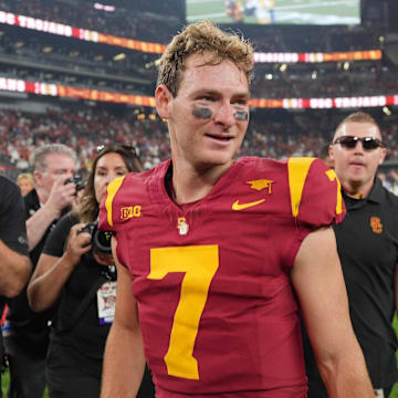 Sep 1, 2024; Paradise, Nevada, USA; Southern California Trojans quarterback Miller Moss (7) reacts after the game against the LSU Tigers at Allegiant Stadium. Mandatory Credit: Kirby Lee-Imagn Images