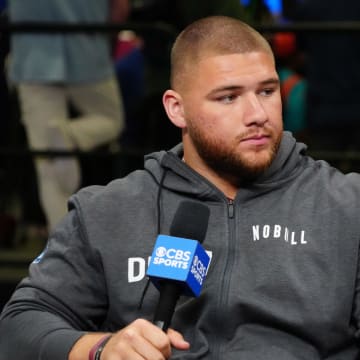 Feb 28, 2024; Indianapolis, IN, USA; Florida State defensive lineman Braden Fiske (DL07) on the CBS Sports set at the NFL Scouting Combine at Indiana Convention Center. Mandatory Credit: Kirby Lee-USA TODAY Sports