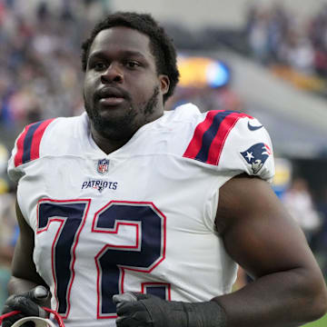 Oct 31, 2021; Inglewood, California, USA; New England Patriots offensive tackle Yodny Cajuste (72) reacts after the game against the Los Angeles Chargers at SoFi Stadium. The Patriots defeated the Chargers 27-24. Mandatory Credit: Kirby Lee-Imagn Images
