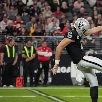 Nov 26, 2023; Paradise, Nevada, USA; Las Vegas Raiders punter AJ Cole (6) punts the ball against the Kansas City Chiefs in the second half at Allegiant Stadium. Mandatory Credit: Kirby Lee-Imagn Images