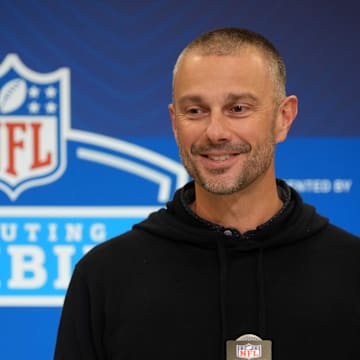 Feb 25, 2025; Indianapolis, IN, USA; Las Vegas Raiders general manager John Spytek speaks during the NFL Scouting Combine at the Indiana Convention Center. Mandatory Credit: Kirby Lee-Imagn Images