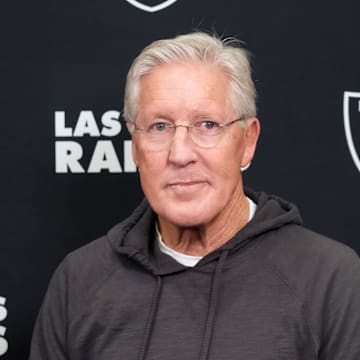 Feb 25, 2025; Indianapolis, IN, USA; Las Vegas Raiders coach Pete Carroll on radio row during the NFL Scouting Combine at the Indiana Convention Center. Mandatory Credit: Kirby Lee-Imagn Images