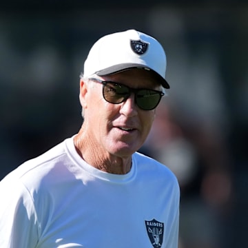 Jul 24, 2025; Henderson, NV, USA; Las Vegas Raiders coach Pete Carroll during training camp at the Intermountain Healthcare Performance Center. Mandatory Credit: Kirby Lee-Imagn Images