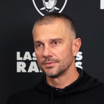 Feb 25, 2025; Indianapolis, IN, USA; Las Vegas Raiders general manager John Spytek on radio row during the NFL Scouting Combine at the Indiana Convention Center. Mandatory Credit: Kirby Lee-Imagn Images
