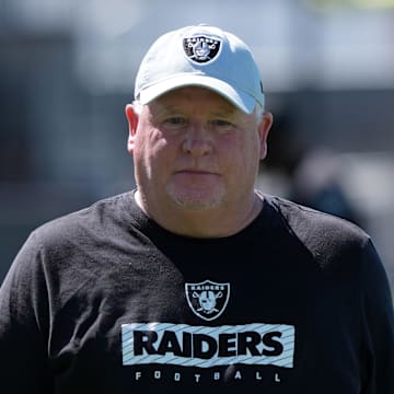 Jul 24, 2025; Henderson, NV, USA; Las Vegas Raiders offensive coordinator Chip Kelly during training camp at the Intermountain Healthcare Performance Center. Mandatory Credit: Kirby Lee-Imagn Images