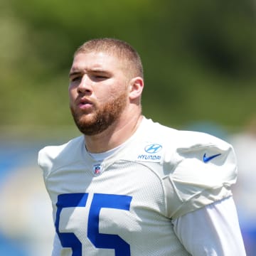 May 21, 2024, Thousand Oaks, California, USA; Los Angeles Rams defensive tackle Braden Fiske (55) during organized team activities at Cal Lutheran University. Mandatory Credit: Kirby Lee-USA TODAY Sports