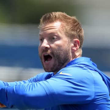 May 21, 2024, Thousand Oaks, California, USA; Los Angeles Rams coach Sean McVay reacts during organized team activities at Cal Lutheran University. Mandatory Credit: Kirby Lee-USA TODAY Sports