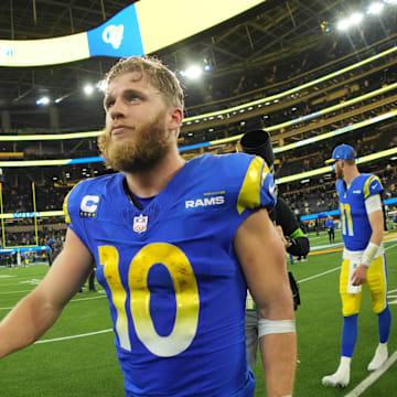 Dec 21, 2023; Inglewood, California, USA; Los Angeles Rams wide receiver Cooper Kupp (10) leaves the field after the game against the New Orleans Saints at SoFi Stadium. Mandatory Credit: Kirby Lee-Imagn Images