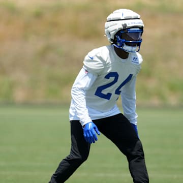 May 21, 2024, Thousand Oaks, California, USA; Los Angeles Rams defensive back Darious Williams (24) wears a Guardian helmet cap during organized team activities at Cal Lutheran University. Mandatory Credit: Kirby Lee-Imagn Images