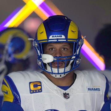 Dec 3, 2023; Inglewood, California, USA; Los Angeles Rams defensive tackle Aaron Donald (99) enters the field before the game against the Cleveland Browns at SoFi Stadium. Mandatory Credit: Kirby Lee-Imagn Images