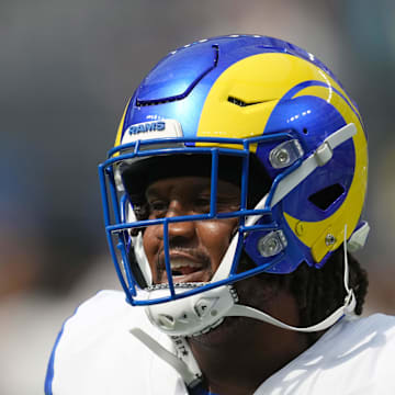 Aug 17, 2024; Inglewood, California, USA; Los Angeles Rams guard Kevin Dotson (69) during the game against the Los Angeles Chargers SoFi Stadium. Mandatory Credit: Kirby Lee-Imagn Images