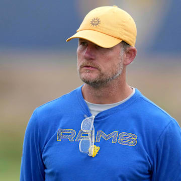Aug 18, 2021; Thousand Oaks, CA, USA; Los Angeles Rams general manager Les Snead reacts during a joint practice against the Las Vegas Raiders. Mandatory Credit: Kirby Lee-Imagn Images