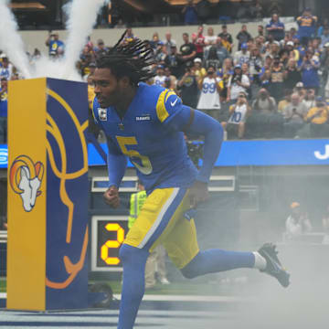 Oct 16, 2022; Inglewood, California, USA; Los Angeles Rams cornerback Jalen Ramsey (5) enters the field before the game against the Carolina Panthers at SoFi Stadium. Mandatory Credit: Kirby Lee-Imagn Images