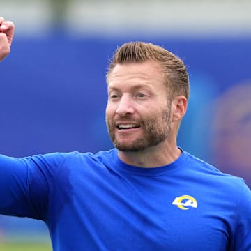May 28, 2025; Woodland Hills, CA, USA; Los Angeles Rams coach Sean McVay gestures during organized team activities at Rams Practice Facility. Mandatory Credit: Kirby Lee-Imagn Images