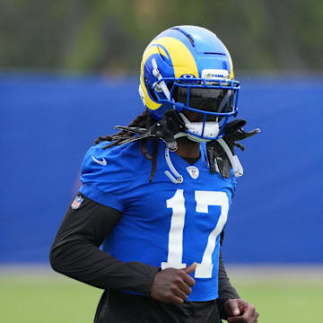 May 28, 2025; Woodland Hills, CA, USA; Los Angeles Rams receiver Davante Adams (17) during organized team activities at Rams Practice Facility. Mandatory Credit: Kirby Lee-Imagn Images