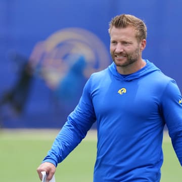 Jun 3, 2025; Woodland Hills, CA, USA; Los Angeles Rams coach Sean McVay during organized team activities at Rams Practice Facility. Mandatory Credit: Kirby Lee-Imagn Images