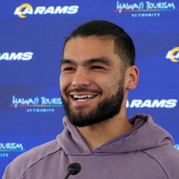 Jun 3, 2025; Woodland Hills, CA, USA; Los Angeles Rams receiver Puka Nacua at press conference during organized team activities at Rams Practice Facility. Mandatory Credit: Kirby Lee-Imagn Images