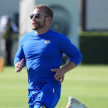 Jul 23, 2025; Los Angeles, CA, USA; Los Angeles Rams coach Sean McVay runs during training camp at Loyola Marymount University. 
