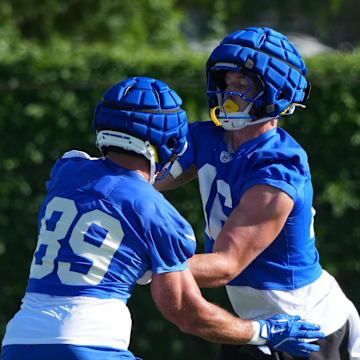 Jul 23, 2025; Los Angeles, CA, USA; Los Angeles Rams tight ends Tyler Higbee (89) and Anthony Torres (46) during training camp at Loyola Marymount University. Mandatory Credit: Kirby Lee-Imagn Images
