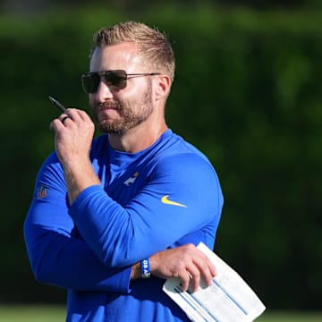 Jul 23, 2025; Los Angeles, CA, USA; Los Angeles Rams coach Sean McVay during training camp at Loyola Marymount University. Mandatory Credit: Kirby Lee-Imagn Images
