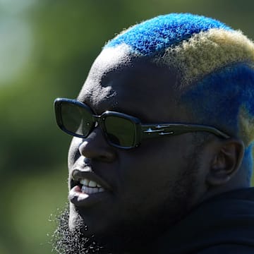 Jul 23, 2025; Los Angeles, CA, USA; Los Angeles Rams lineman Kevin Dotson (69) during training camp at Loyola Marymount University. Mandatory Credit: Kirby Lee-Imagn Images