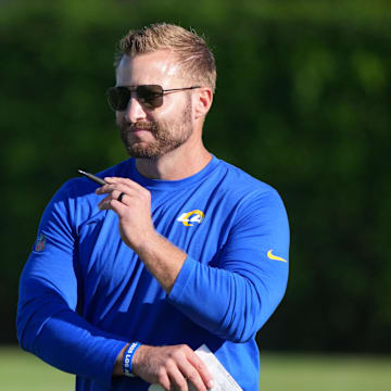 Jul 23, 2025; Los Angeles, CA, USA; Los Angeles Rams coach Sean McVay during training camp at Loyola Marymount University. Mandatory Credit: Kirby Lee-Imagn Images
