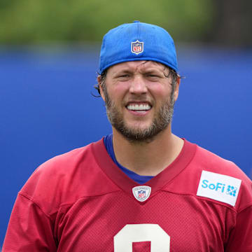 Jun 3, 2025; Woodland Hills, CA, USA; Los Angeles Rams quarterback Matthew Stafford (9) during organized team activities at Rams Practice Facility. Mandatory Credit: Kirby Lee-Imagn Images