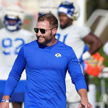 Jul 23, 2025; Los Angeles, CA, USA; Los Angeles Rams coach Sean McVay during training camp at Loyola Marymount University. Mandatory Credit: Kirby Lee-Imagn Images
