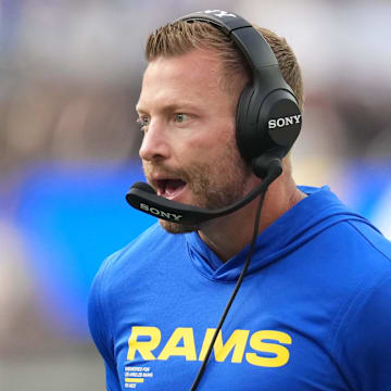 Aug 9, 2025; Inglewood, California, USA; Los Angeles Rams coach Sean McVay reacts against the Dallas Cowboys in the first half at SoFi Stadium. Mandatory Credit: Kirby Lee-Imagn Images