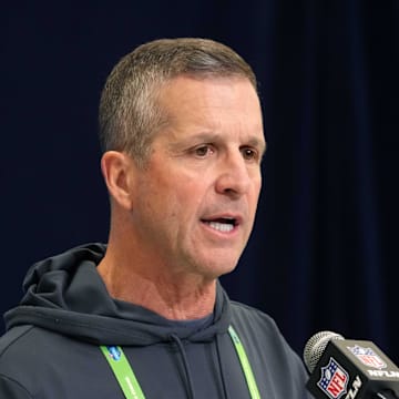 Feb 25, 2025; Indianapolis, IN, USA; Baltimore Ravens coach John Harbaugh speaks during the NFL Scouting Combine at the Indiana Convention Center. Mandatory Credit: Kirby Lee-Imagn Images