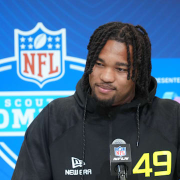 Feb 27, 2025; Indianapolis, IN, USA; Marshall defensive lineman Mike Green (DL49) during the 2025 NFL Scouting Combine at the Indiana Convention Center. Mandatory Credit: Kirby Lee-Imagn Images