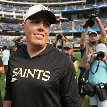 Aug 10, 2025; Inglewood, California, USA; New Orleans Saints coach Kellen Moore reacts after the game against the Los Angeles Chargers at SoFi Stadium. Mandatory Credit: Kirby Lee-Imagn Images