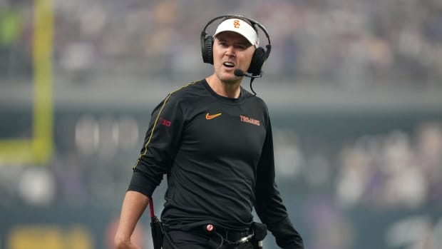 Southern California Trojans head coach Lincoln Riley reacts in the first half against the LSU Tigers