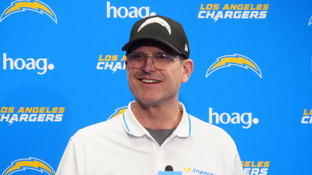 Apr 2, 2024; Costa Mesa, CA, USA; Los Angeles Chargers coach Jim Harbaugh speaks at press conference.